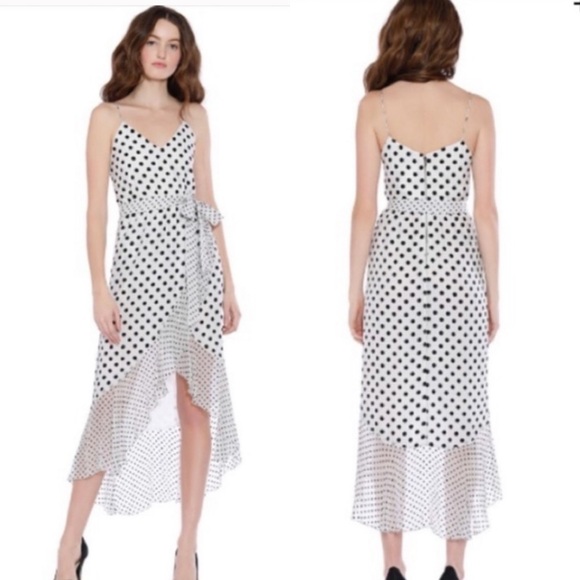 Nwt Alice + Olivia black and white silk marble polkadot faux wrap high-low dress - Picture 1 of 8